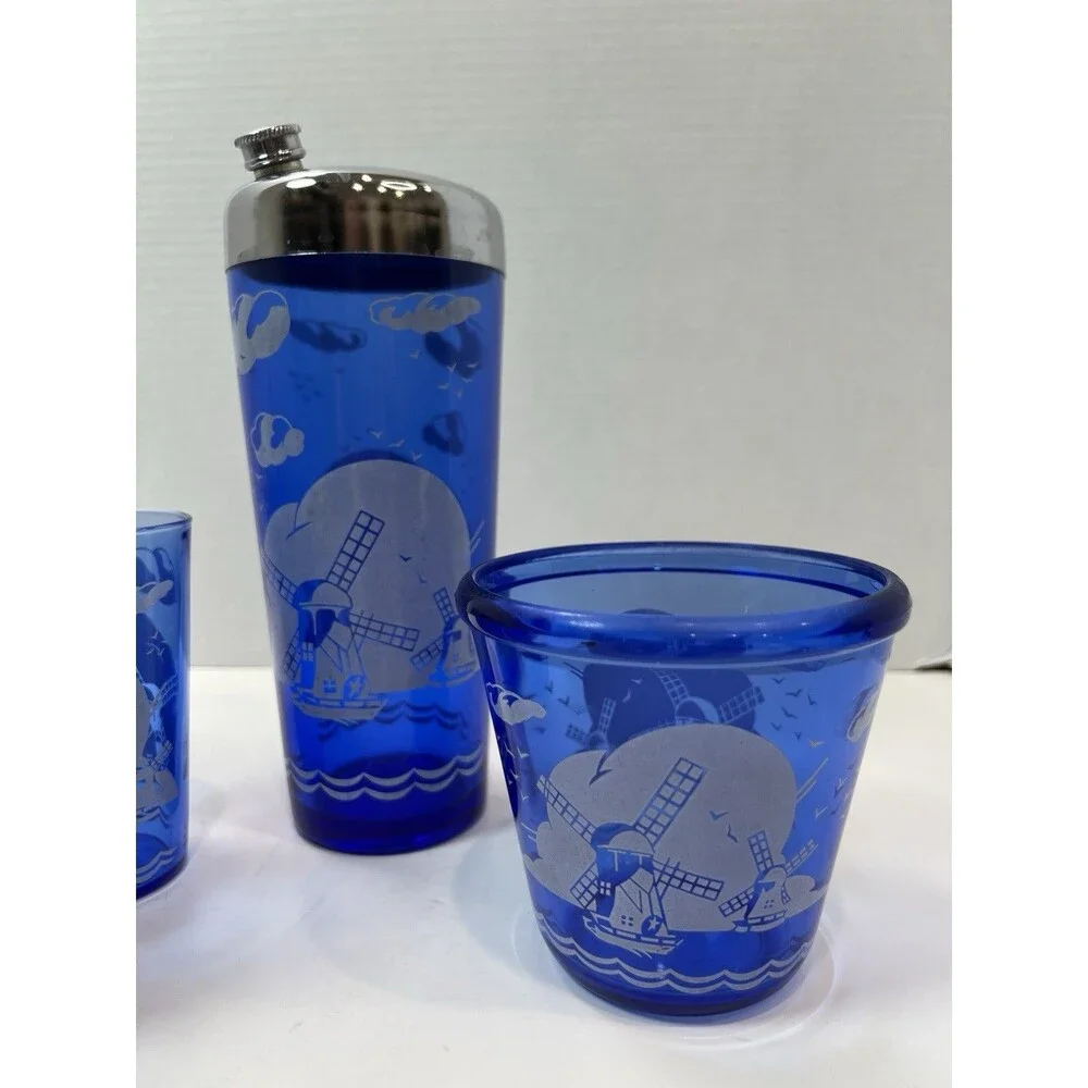 Vintage Hazel Atlas Cobalt Blue Windmill Cocktail Shaker ice bucket 4 glasses
